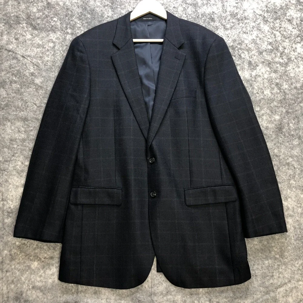 Chaps Blazer Mens 42L Navy Blue‎ 100% Lambswool Herringbone Windowpane Jacket